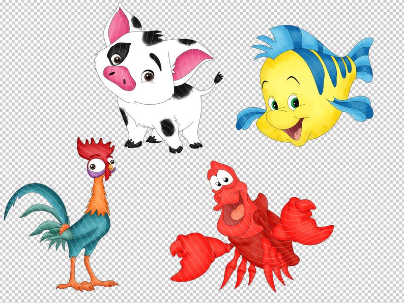 May include: Watercolor illustrations of four cartoon characters: a white pig with black spots, a yellow fish with blue fins, a red rooster with blue tail feathers, and a red crab with large claws. The characters are smiling.