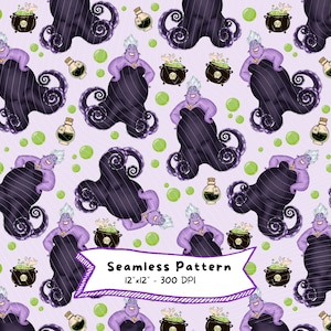 May include: A repeating pattern featuring a cartoon illustration of a purple sea witch with black tentacles, a cauldron, and potion bottles on a light purple background. The text "Seamless Pattern" is included.