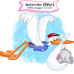 Mr Stork from Dumbo Watercolor Clipart, Cute Cartoon, PNG, Hand Drawn, Nursery Decor, Baby Elephant, Instant Download, Baby Shower