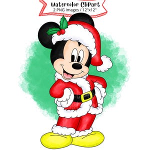 Christmas Mickey Mouse, Watercolor Clipart, Cute Cartoon, PNG, High Resolution, Transparent Background,  Christmas, Holiday, Hand Drawn