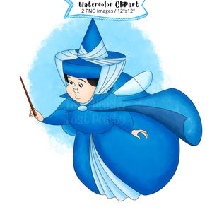 Merryweather from Sleeping Beauty Watercolor Clipart, Hand Drawn, Cute Cartoon, PNG, 300 DPI, High Res, The good fairy, Fantasy, Blue Fairy