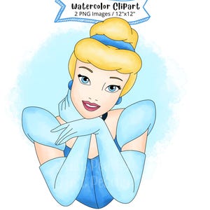 Princess Cinderella Watercolor Clipart, Hand Drawn, Cute Cartoon, Illustration, PNG, Transparent, 300 DPI, High Resolution, Cinderella