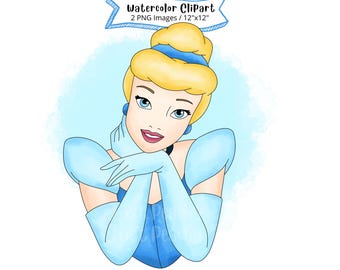 Cinderella Watercolor Clipart, Cartoon Princess Illustration (PNG, Digital Download)
