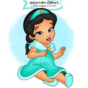 Baby Princess Jasmine Watercolor Clipart, Aladdin, Hand Drawn, Cute Cartoon, Illustration, PNG, Transparent, High Resolution
