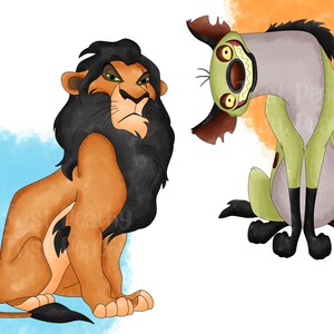 May include: A cartoon illustration of Scar, the lion from The Lion King, with a black mane and a serious expression, and a cartoon illustration of Shenzi, the hyena from The Lion King, with a green body and a mischievous grin.