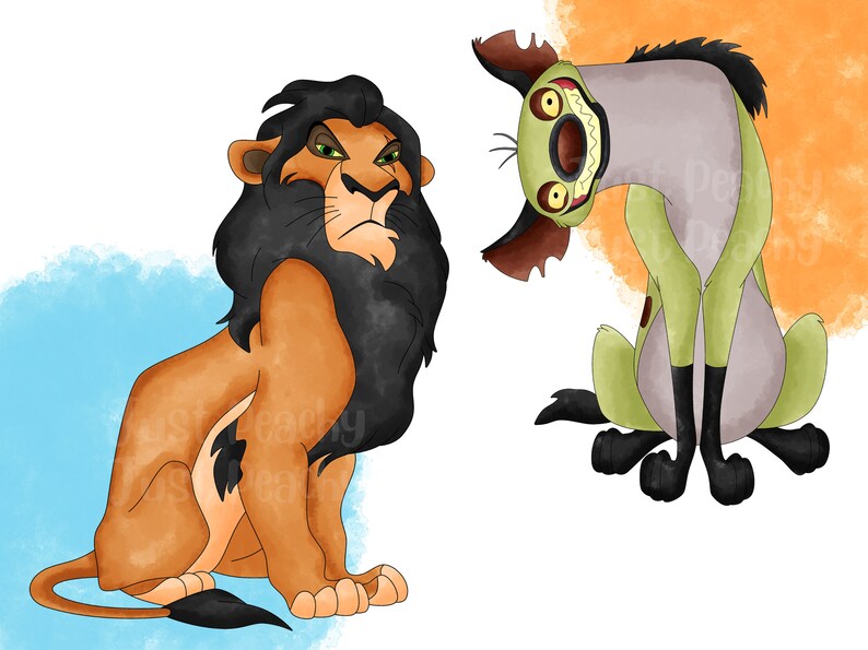 May include: A cartoon illustration of Scar, the lion from The Lion King, with a black mane and a serious expression, and a cartoon illustration of Shenzi, the hyena from The Lion King, with a green body and a mischievous grin.