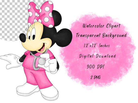 看護師ミニーマウスの水彩画クリップアート：漫画PNG（デジタル