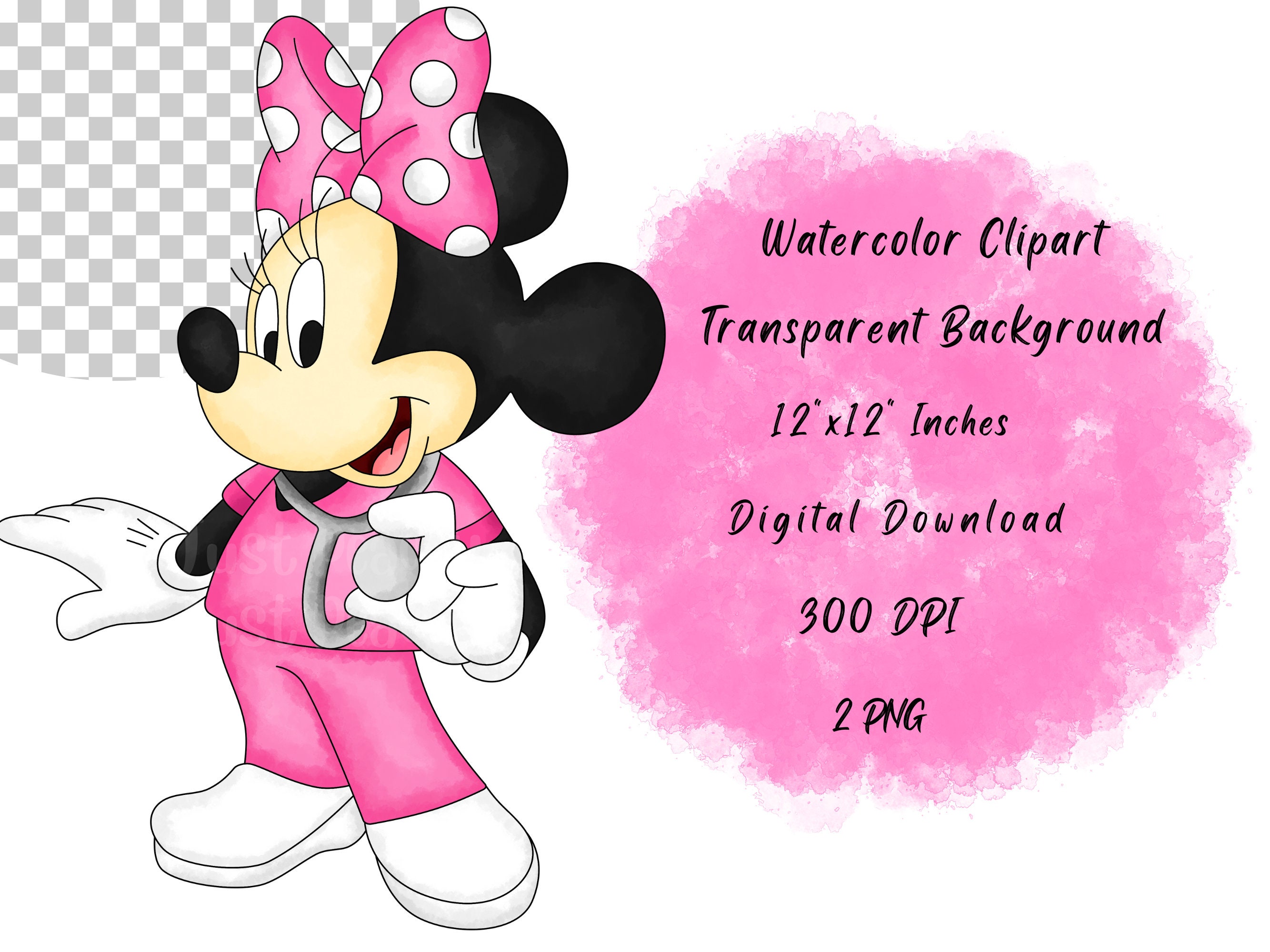 看護師ミニーマウスの水彩画クリップアート：漫画PNG（デジタル
