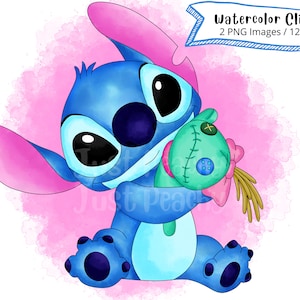 Stitch with Doll Watercolor Clipart Set, Cute Cartoon, PNG, Alien, Transparent Background, High Resolution, Lilo and Stitch, Hand Drawn