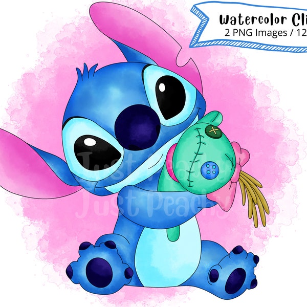 Stitch with Doll Watercolor Clipart Set, Cute Cartoon, PNG, Alien, Transparent Background, High Resolution, Lilo and Stitch, Hand Drawn