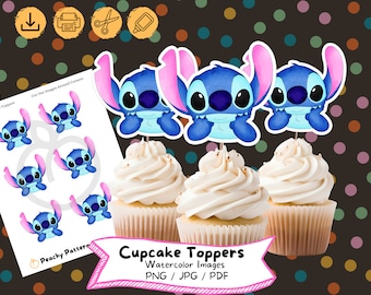 Adornos para cupcakes de acuarela de Stitch: Decoración para fiesta de cumpleaños (descarga digital)