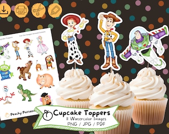Adornos para cupcakes de Toy Story: Decoración de acuarela para fiesta de cumpleaños (descarga digital)