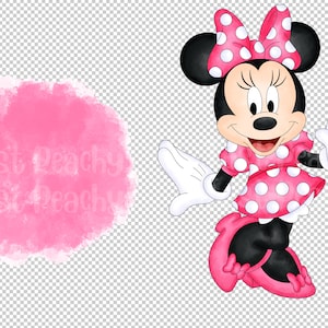 Pode incluir: Um fundo de aquarela rosa com uma imagem de desenho animado do Mickey Mouse. O Mickey est&aacute; vestindo um vestido rosa com bolinhas brancas, luvas brancas e um la&ccedil;o rosa com bolinhas brancas. Ele est&aacute; sorrindo e acenando.
