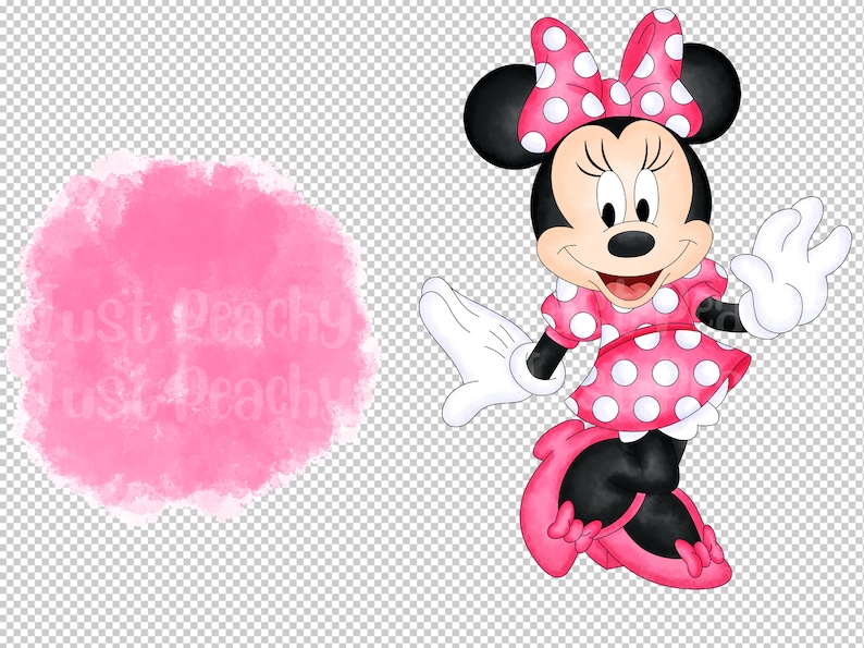 Pode incluir: Um fundo de aquarela rosa com uma imagem de desenho animado do Mickey Mouse. O Mickey est&aacute; vestindo um vestido rosa com bolinhas brancas, luvas brancas e um la&ccedil;o rosa com bolinhas brancas. Ele est&aacute; sorrindo e acenando.