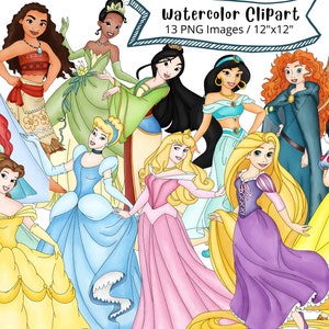 Conjunto completo de imágenes prediseñadas de acuarela de princesa, dibujado a mano, dibujos animados lindos, ilustración, PNG, transparente, 300 DPI, alta resolución