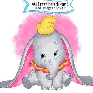 Clipart de acuarela de Dumbo, dibujo animado lindo, PNG, dibujado a mano, decoración de guardería, elefante bebé, descarga instantánea, cumpleaños, imprimible