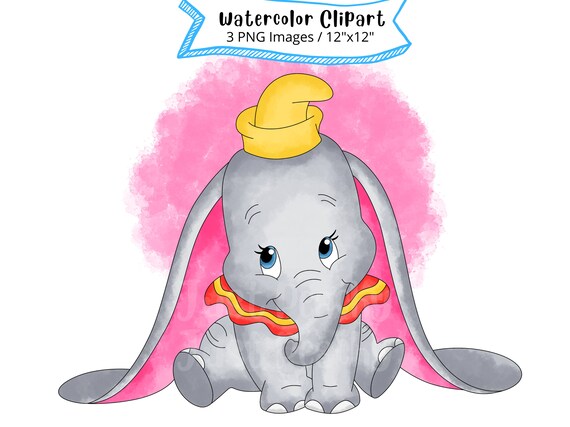 ダンボの水彩画クリップアート、赤ちゃんゾウのPNG（即時ダウンロード