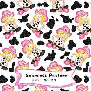 May include: A repeating pattern with a cartoon cowgirl in a pink hat and cow-print top, set against a white backdrop with black cow spots. The text "Seamless Pattern" is included. The pattern is 12"x12".