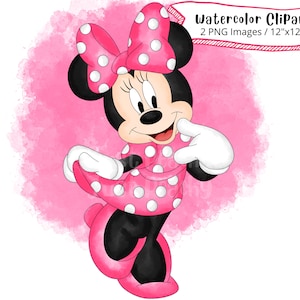 Minnie Mouse, Hand Drawn Watercolor Clipart, Cute Cartoon Illustration, PNG, Minnie Mouse PNG, Transparent Background , Mikey Mouse