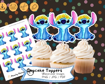 Adornos para cupcakes de acuarela de Stitch: Decoración para fiesta de cumpleaños (descarga digital)
