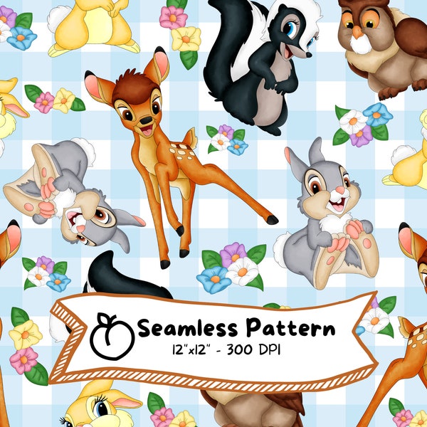 Bambi and Friends Seamless Pattern, Watercolor, Cute Cartoon, High Resolution, Woodland Animals, Digital Download, Cute Forest Animal