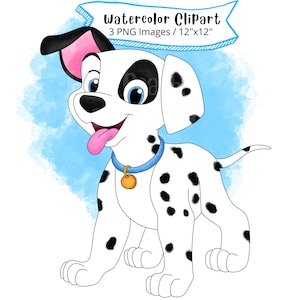 Set di clipart acquerello disegnato a mano dei 101 dalmati, PNG, alta risoluzione, sfondo trasparente, simpatico cartone animato, Crudelia De Mon, clipart cucciolo