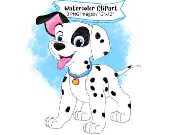 101 Dalmatians Watercolor Clipart: Cartoon Puppy PNG (Digital Download)
