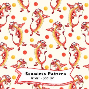 May include: Seamless pattern featuring a repeating design of a red and yellow dragon character with red and yellow polka dots on a cream background. The dragon is in a dynamic pose. The text "Seamless Pattern" is in a red banner.