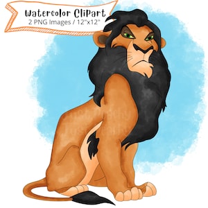 Cicatriz del Rey León dibujado a mano acuarela Clipart Set, PNG, alta resolución, fondo transparente, dibujos animados lindos, animales de Safari, Simba