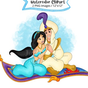 Jasmine and Aladdin Watercolor Clipart: Cartoon Illustration (PNG Files)