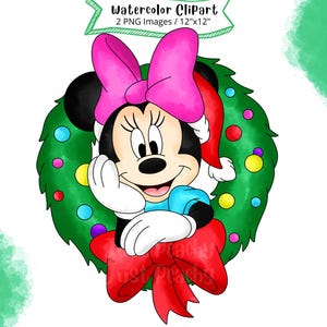 Christmas Minnie Mouse, Watercolor Clipart, Cute Cartoon, PNG, High Resolution, Transparent Background,  Christmas, Holiday, Hand Drawn