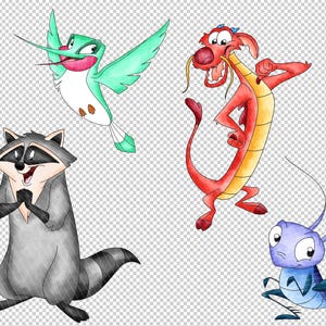 May include: Watercolor illustrations of four cartoon animals: a green hummingbird, a red dragon, a gray raccoon, and a blue insect. Each character has a unique expression and pose, set against a transparent background.