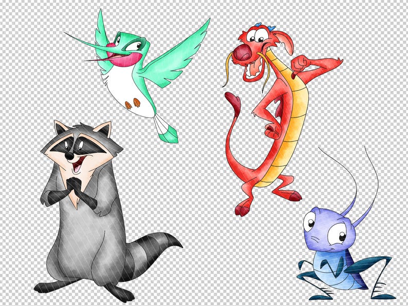 May include: Watercolor illustrations of four cartoon animals: a green hummingbird, a red dragon, a gray raccoon, and a blue insect. Each character has a unique expression and pose, set against a transparent background.