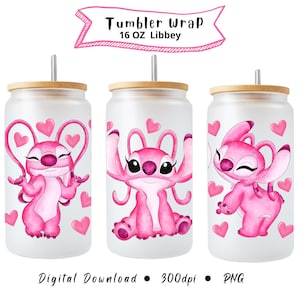 K&ouml;nnte beinhalten: Drei 16 oz Libbey Glasbecher-Wraps mit Bambusdeckeln. Jeder Becher hat ein rosa Cartoon-Charakter-Design mit Herz-Akzenten. Der Text "Tumbler Wrap" und "Digital Download" ist ebenfalls sichtbar.