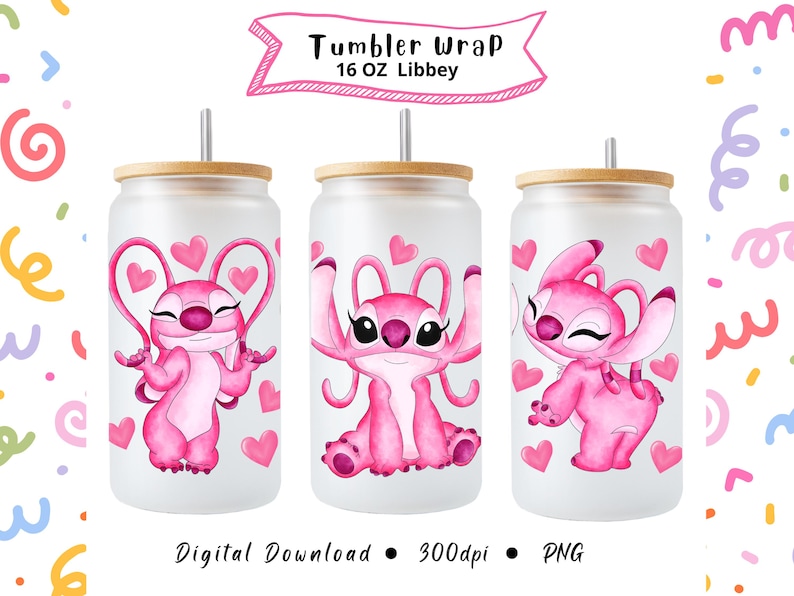 K&ouml;nnte beinhalten: Drei 16 oz Libbey Glasbecher-Wraps mit Bambusdeckeln. Jeder Becher hat ein rosa Cartoon-Charakter-Design mit Herz-Akzenten. Der Text "Tumbler Wrap" und "Digital Download" ist ebenfalls sichtbar.