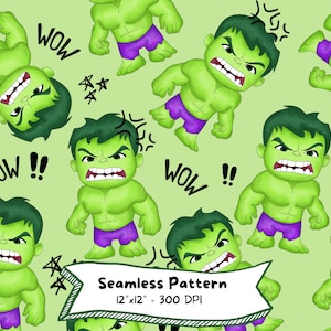 May include: Seamless pattern featuring cartoon Hulk characters in various poses, with green skin, purple shorts, and angry expressions. The background is a light green color, with the words "WOW" and "!!" scattered throughout.