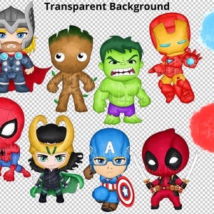 May include: A set of 10 cartoon superhero characters, including Thor, Groot, Hulk, Iron Man, Spiderman, Loki, Captain America, and Deadpool. The characters are all in a chibi style and have a watercolor look.