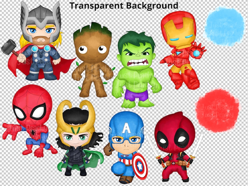 May include: A set of 10 cartoon superhero characters, including Thor, Groot, Hulk, Iron Man, Spiderman, Loki, Captain America, and Deadpool. The characters are all in a chibi style and have a watercolor look.