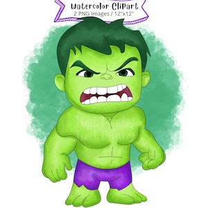 Kawaii Hulk aquarel clipart, png, superheld, transparante achtergrond, hoge resolutie, chibi, schattige cartoon, Avengers, handgetekende clipart
