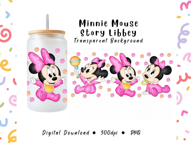 Puede incluir: Un vaso de vidrio con tapa y pajita de bamb&uacute;, con un dise&ntilde;o de Minnie Mouse. El dise&ntilde;o incluye a Minnie con un atuendo rosa con un lazo, y el texto "Minnie Mouse Story Libbey Transparent Background". La imagen tambi&eacute;n muestra tres ilustraciones adicionales de Minnie Mouse.