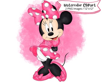 Minnie Mouse, Hand Drawn Watercolor Clipart, Cute Cartoon Illustration, PNG, Minnie Mouse PNG, Transparent Background , Mikey Mouse