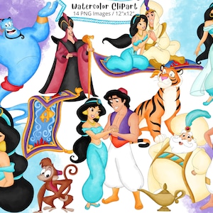 Conjunto de imágenes prediseñadas de acuarela dibujadas a mano de Aladdin, linda ilustración de dibujos animados, princesa Jasmine, fondo transparente
