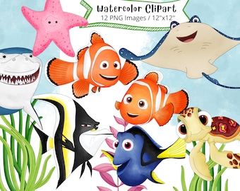Finding Nemo Watercolor Clipart, Cute Cartoon Illustration, Dory, Under the Sea PNG, Ocean Animals, Transparent Background, Hand Drawn