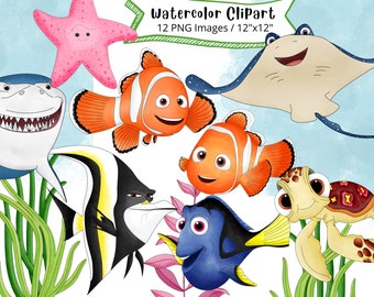 Findet Nemo Aquarell Clipart: Cartoon Ozean Tiere