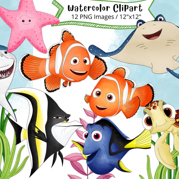 Finding Nemo Watercolor Clipart, Cute Cartoon Illustration, Dory, Under the Sea PNG, Ocean Animals, Transparent Background, Hand Drawn