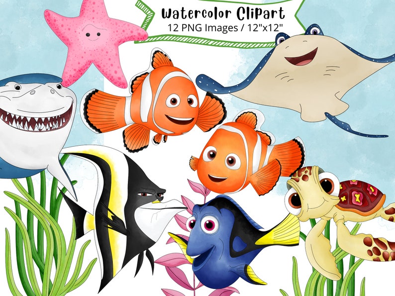 Finding Nemo Watercolor Clipart: Cartoon Ocean Animals (PNG Digital Download) image 1