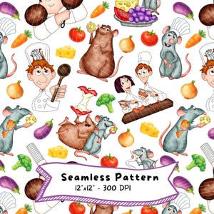 May include: Seamless pattern featuring cartoon chefs, rats, and various food items like tomatoes, cheese, and vegetables. The design includes the text "Seamless Pattern" and dimensions of 12"x12" at 300 DPI, suitable for culinary or kitchen-themed projects.