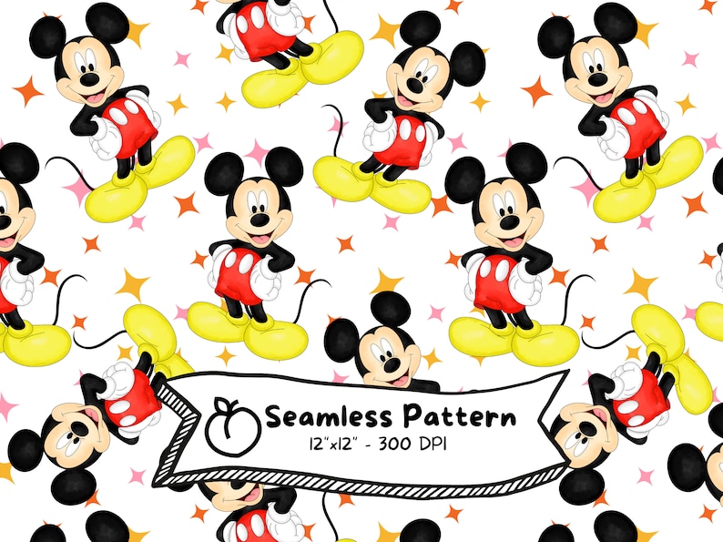Watercolor Mickey Mouse Seamless Pattern: Cartoon Digital Paper ...