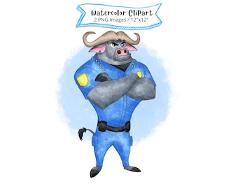 Chef Bogo, Zootropolis akvarell Clipart, hög upplösning, digital nedladdning, polis, png, söt tecknad film