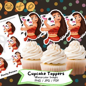 Moana Watercolor Cupcake Topper, Instant Digital Download, Birthday Party, Cake Topper,  Birthday Decoration, Kids Party, Princess Moana